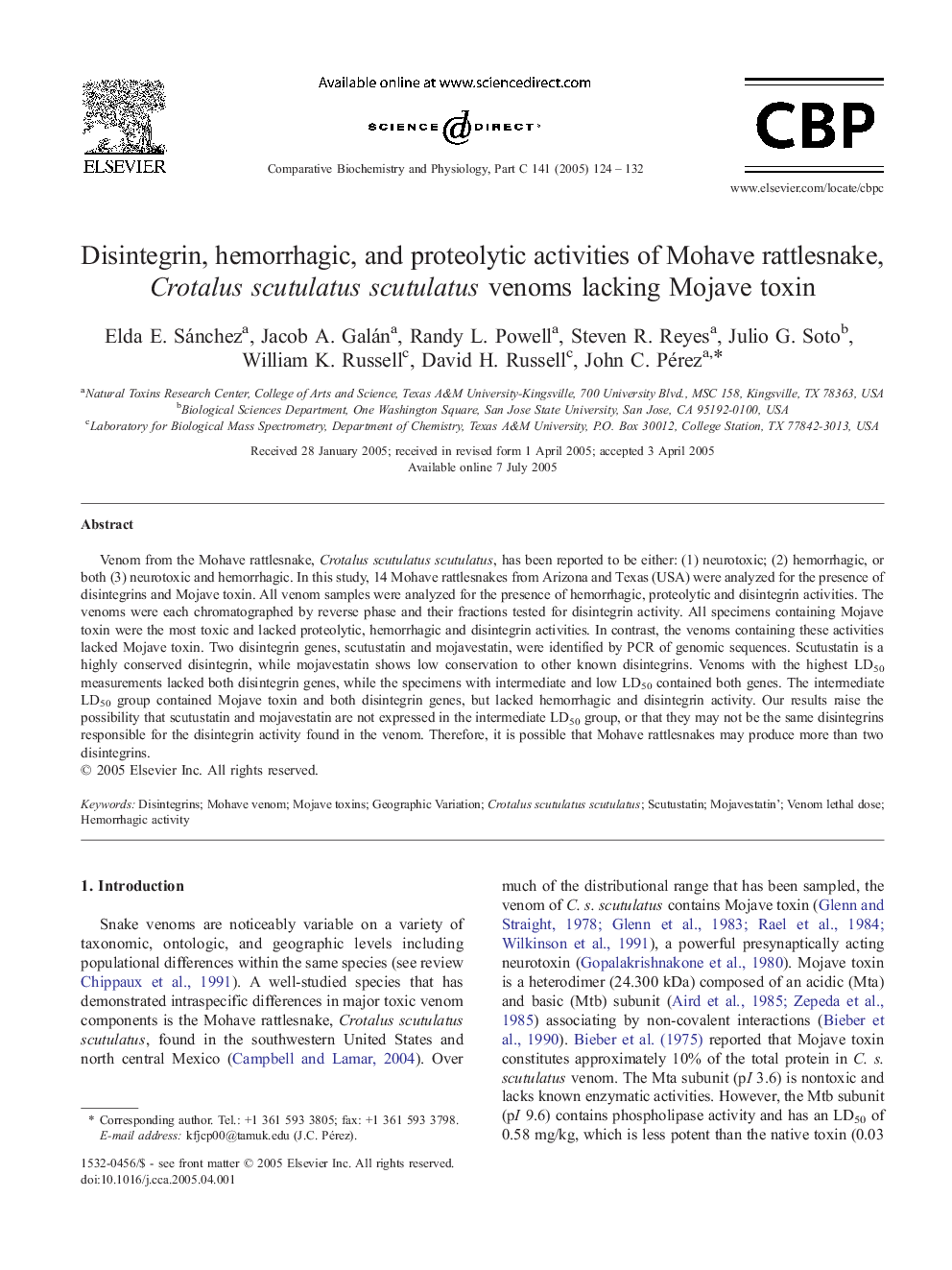 Disintegrin, hemorrhagic, and proteolytic activities of Mohave rattlesnake, Crotalus scutulatus scutulatus venoms lacking Mojave toxin