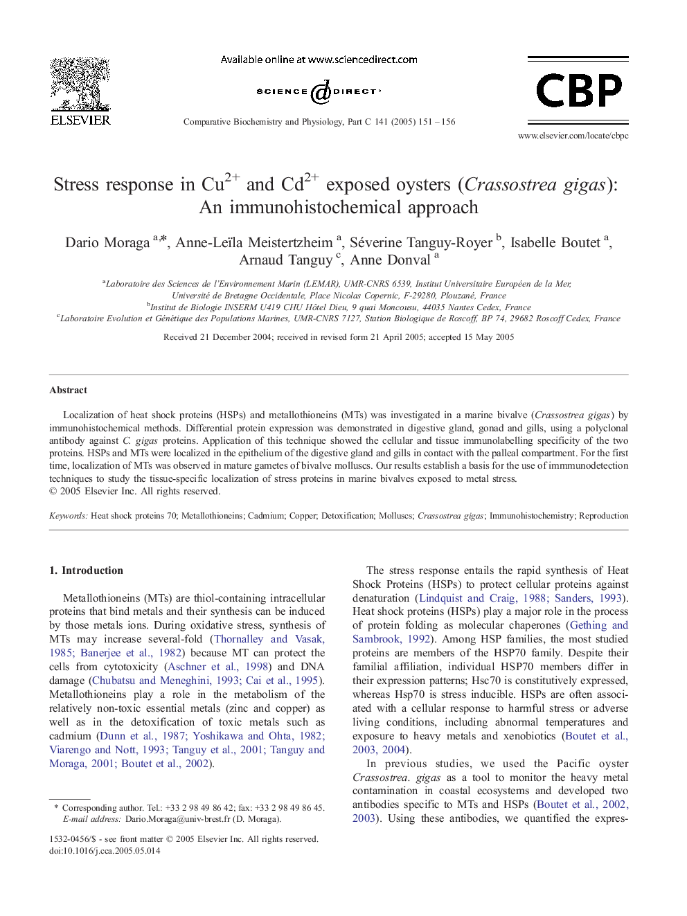 Stress response in Cu2+ and Cd2+ exposed oysters (Crassostrea gigas): An immunohistochemical approach