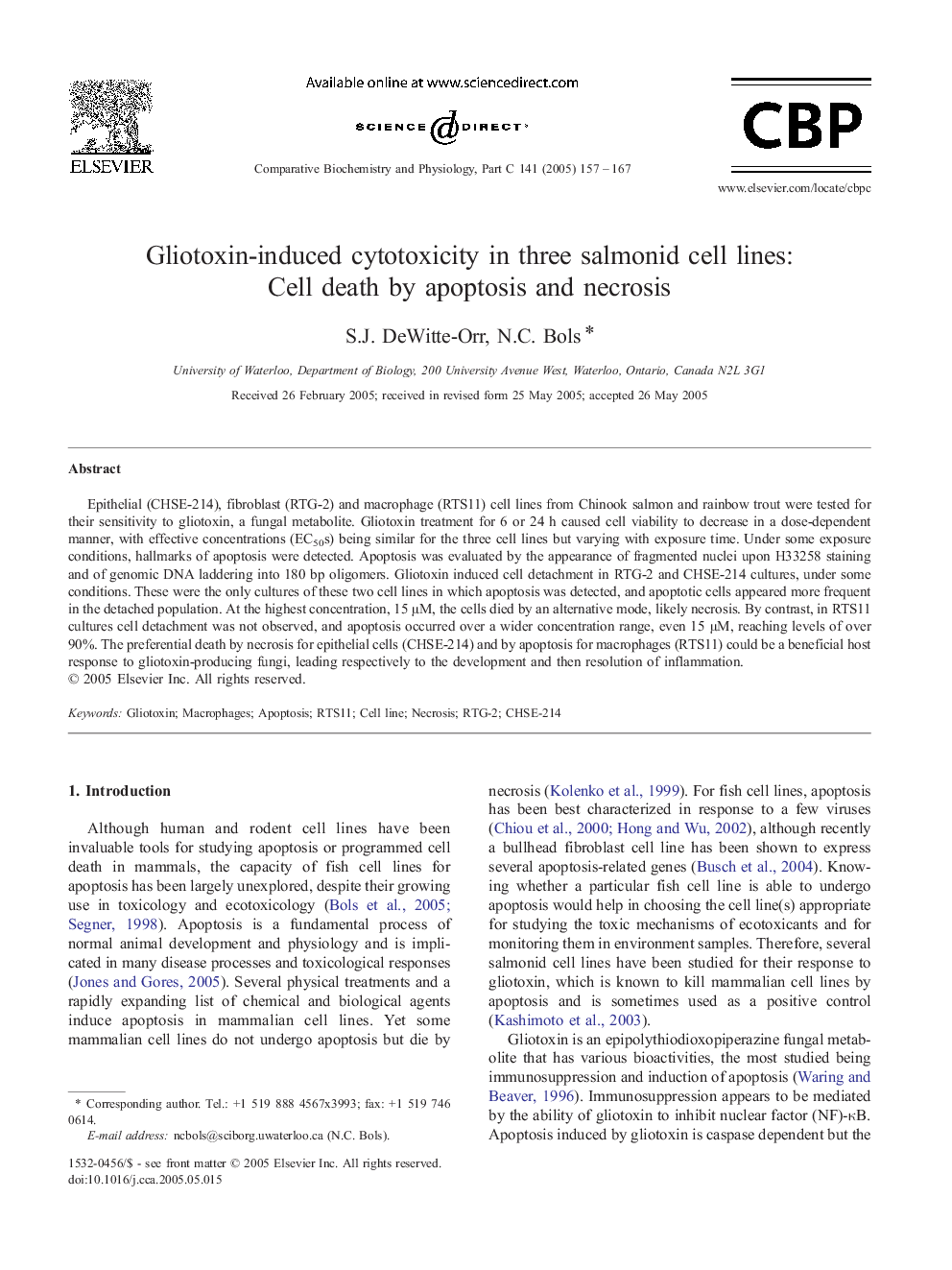 Gliotoxin-induced cytotoxicity in three salmonid cell lines: Cell death by apoptosis and necrosis