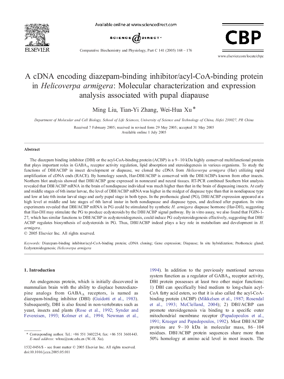 A cDNA encoding diazepam-binding inhibitor/acyl-CoA-binding protein in Helicoverpa armigera: Molecular characterization and expression analysis associated with pupal diapause