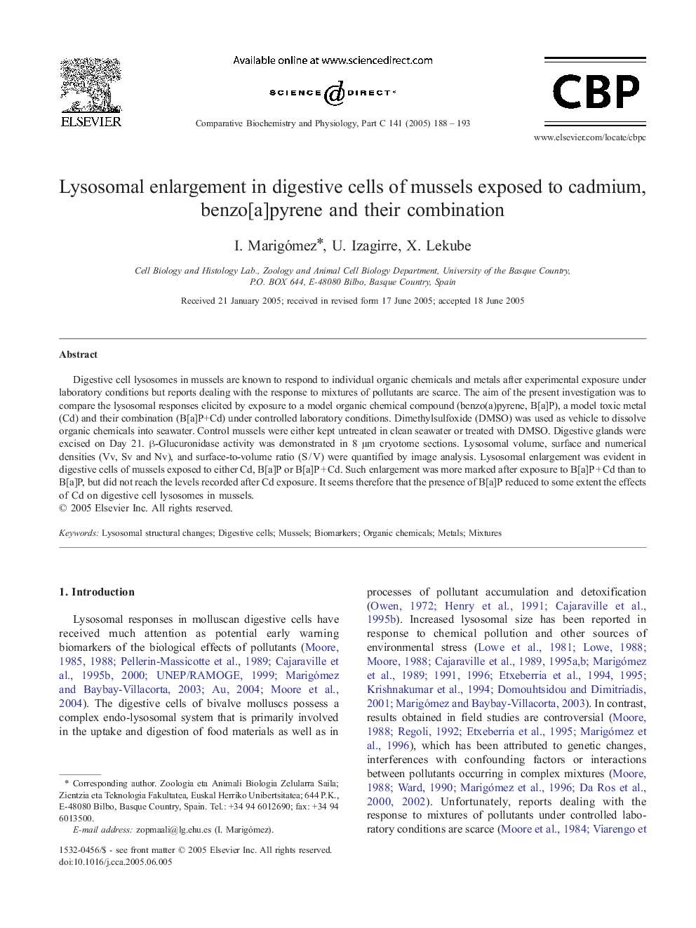 Lysosomal enlargement in digestive cells of mussels exposed to cadmium, benzo[a]pyrene and their combination