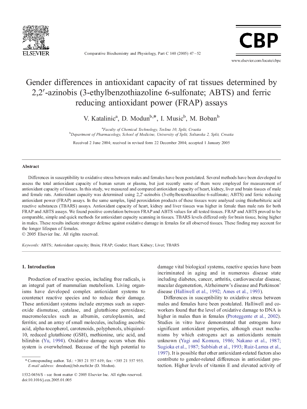 عکس صفحه اول مقاله: Gender differences in antioxidant capacity of rat tissues determined by 2,2â²-azinobis (3-ethylbenzothiazoline 6-sulfonate; ABTS) and ferric reducing antioxidant power (FRAP) assays Gender differences in antioxidant capacity of rat tissues determined by 2,2â²-azinobis (3-ethylbenzothiazoline 6-sulfonate; ABTS) and ferric reducing antioxidant power (FRAP) assays