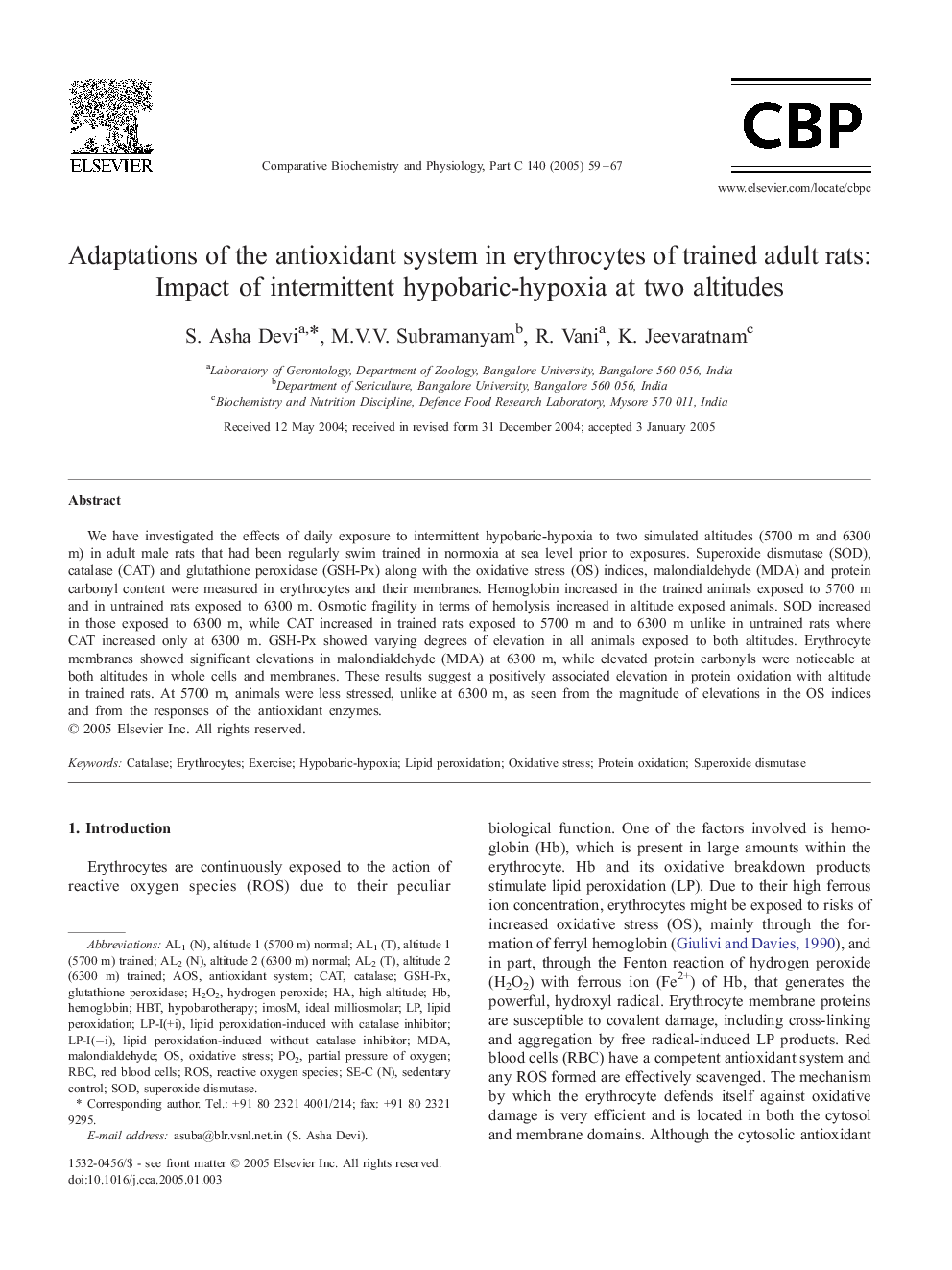 Adaptations of the antioxidant system in erythrocytes of trained adult rats: Impact of intermittent hypobaric-hypoxia at two altitudes