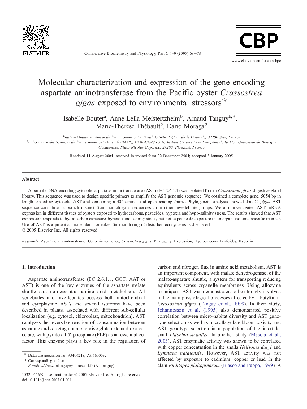 Molecular characterization and expression of the gene encoding aspartate aminotransferase from the Pacific oyster Crassostrea gigas exposed to environmental stressors