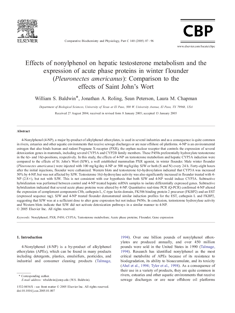 Effects of nonylphenol on hepatic testosterone metabolism and the expression of acute phase proteins in winter flounder (Pleuronectes americanus): Comparison to the effects of Saint John's Wort