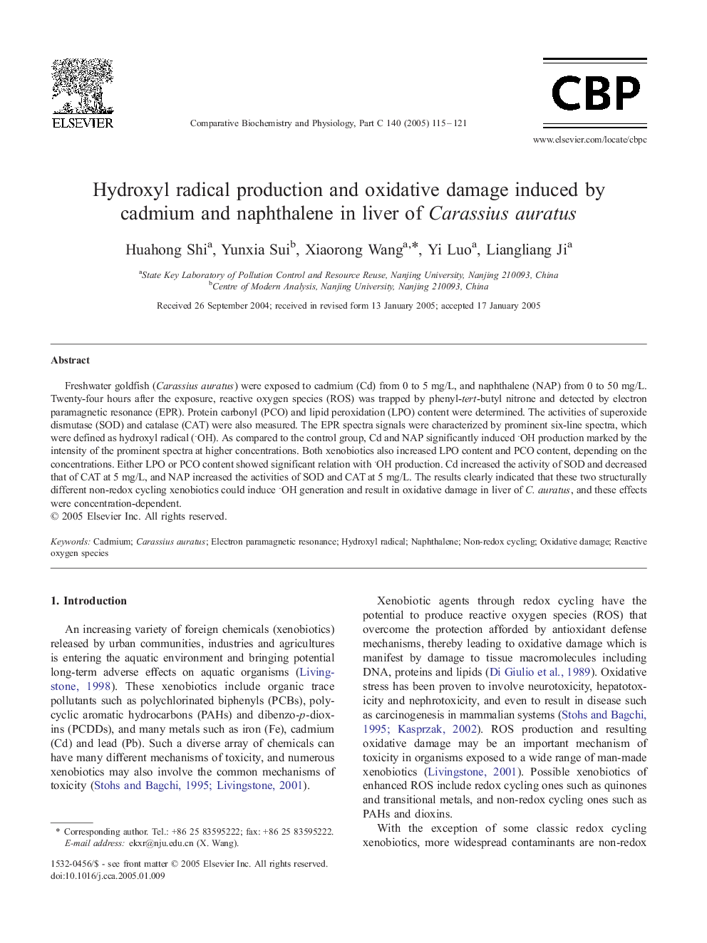 Hydroxyl radical production and oxidative damage induced by cadmium and naphthalene in liver of Carassius auratus