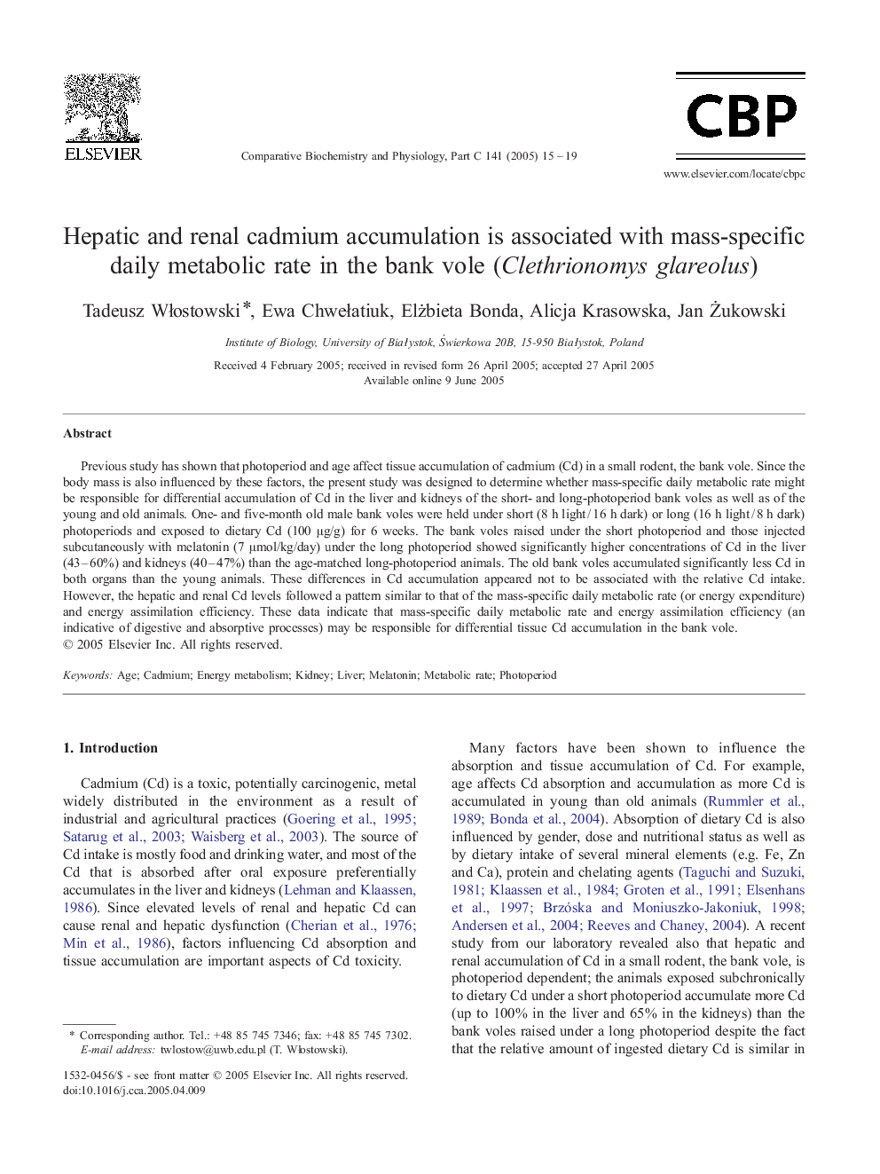 Hepatic and renal cadmium accumulation is associated with mass-specific daily metabolic rate in the bank vole (Clethrionomys glareolus)