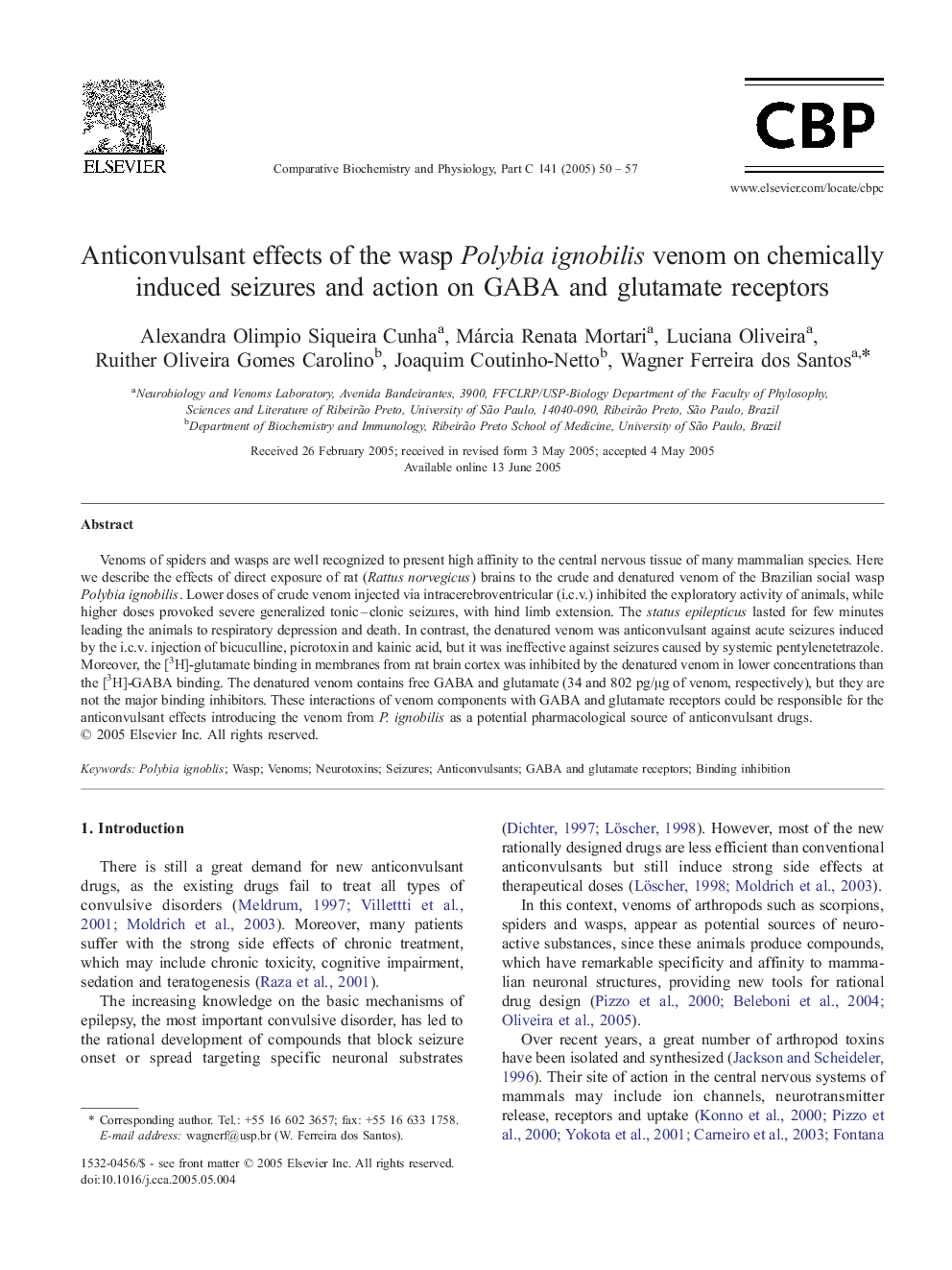 Anticonvulsant effects of the wasp Polybia ignobilis venom on chemically induced seizures and action on GABA and glutamate receptors