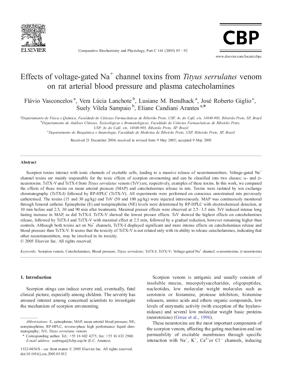 Effects of voltage-gated Na+ channel toxins from Tityus serrulatus venom on rat arterial blood pressure and plasma catecholamines