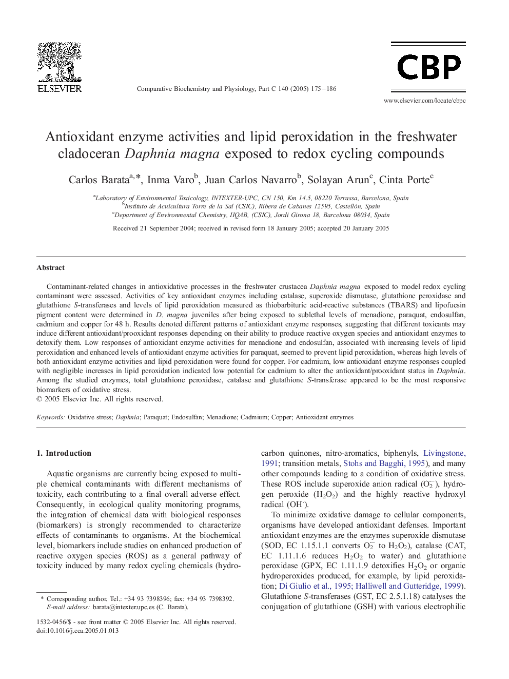 Antioxidant enzyme activities and lipid peroxidation in the freshwater cladoceran Daphnia magna exposed to redox cycling compounds