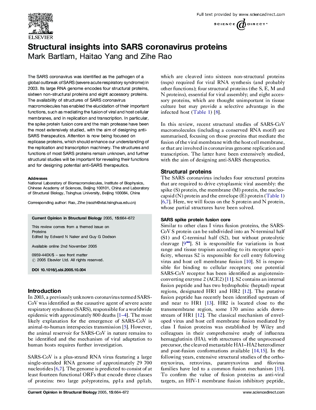 Structural insights into SARS coronavirus proteins