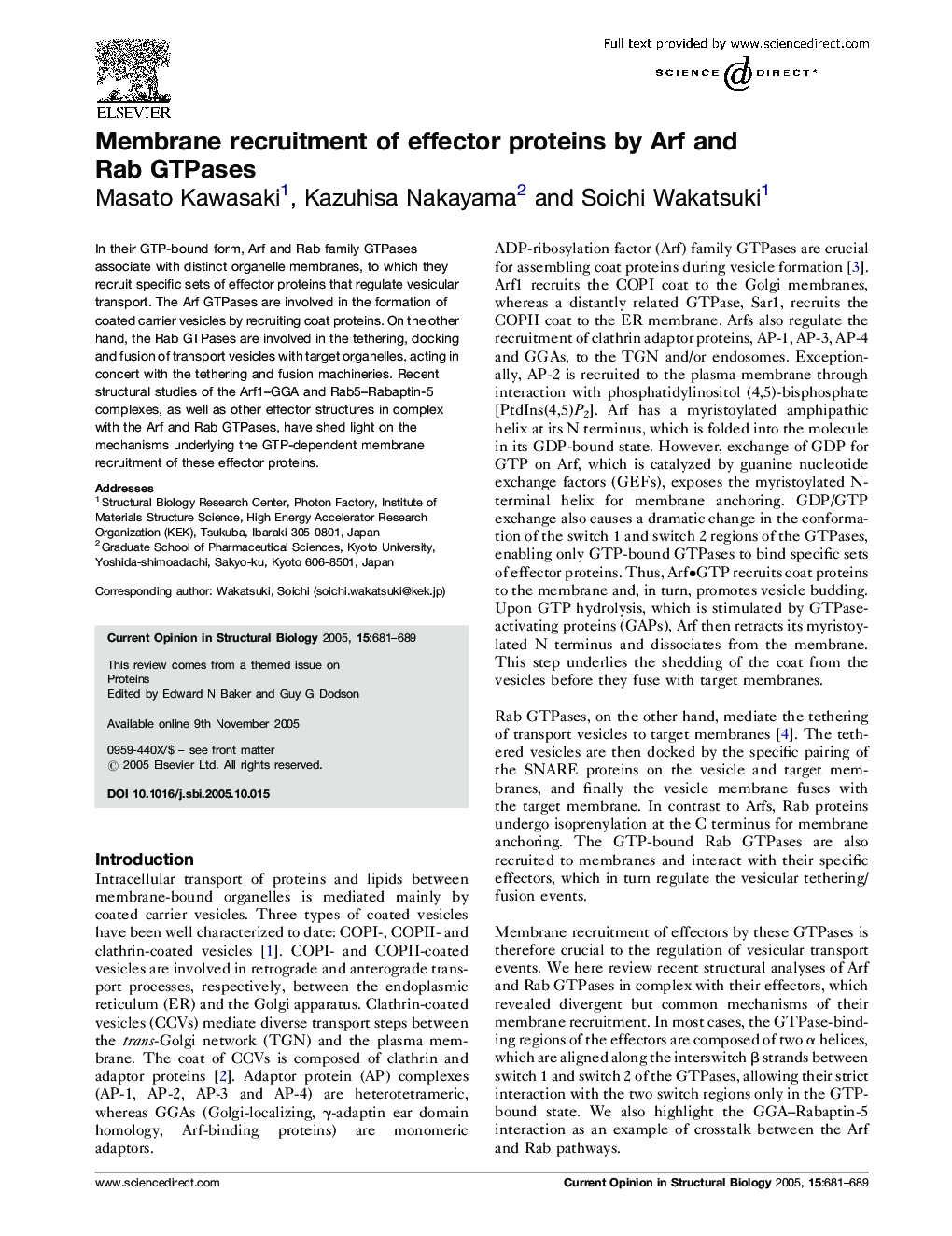 Membrane recruitment of effector proteins by Arf and Rab GTPases