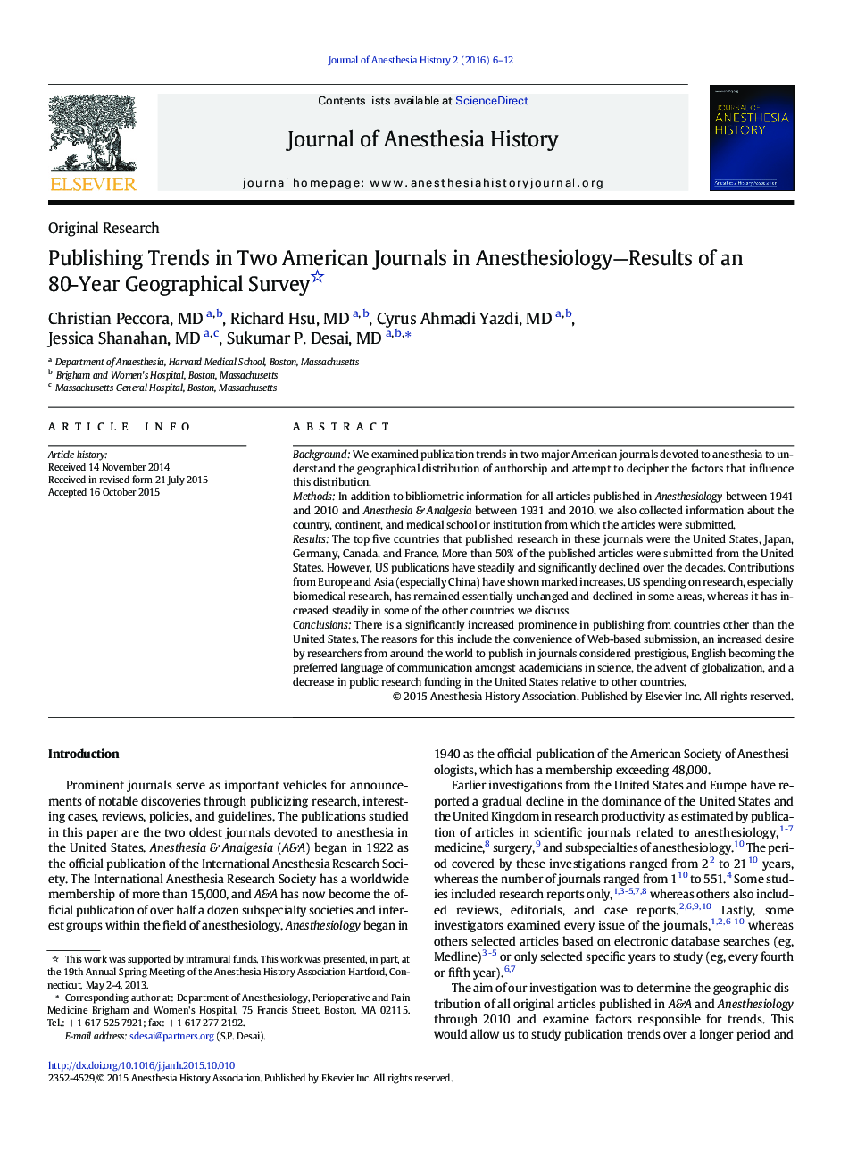 Publishing Trends in Two American Journals in Anesthesiology—Results of an 80-Year Geographical Survey 