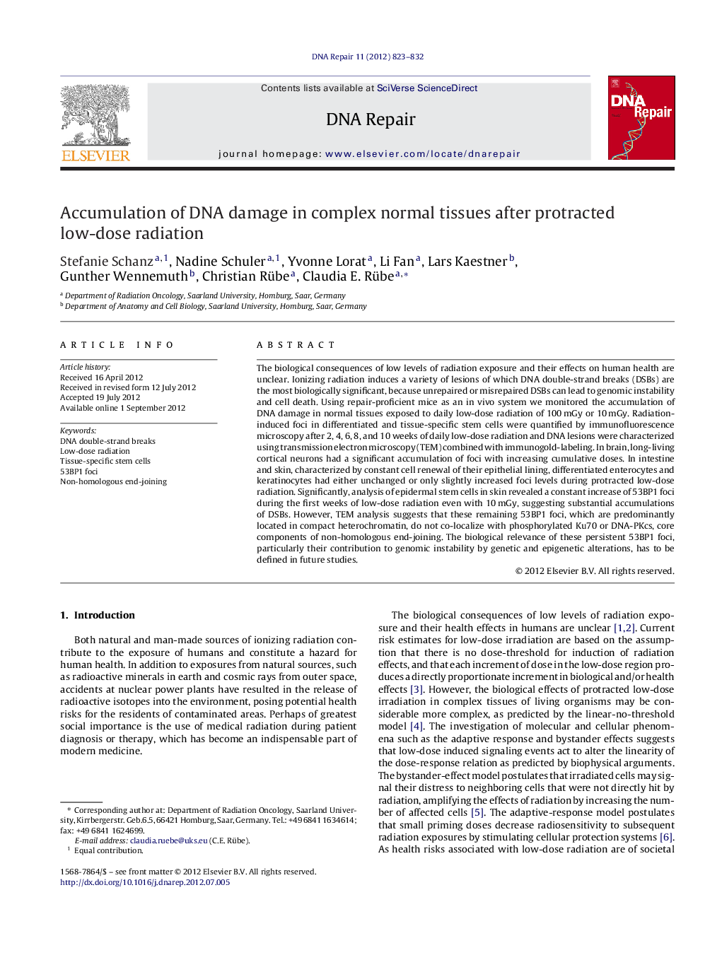 Accumulation of DNA damage in complex normal tissues after protracted low-dose radiation