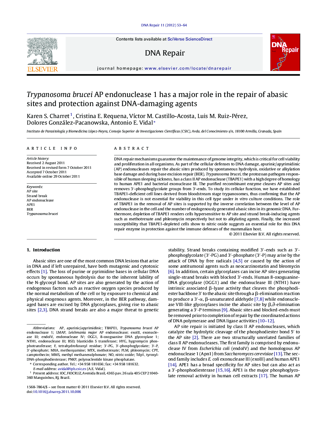 Trypanosoma brucei AP endonuclease 1 has a major role in the repair of abasic sites and protection against DNA-damaging agents