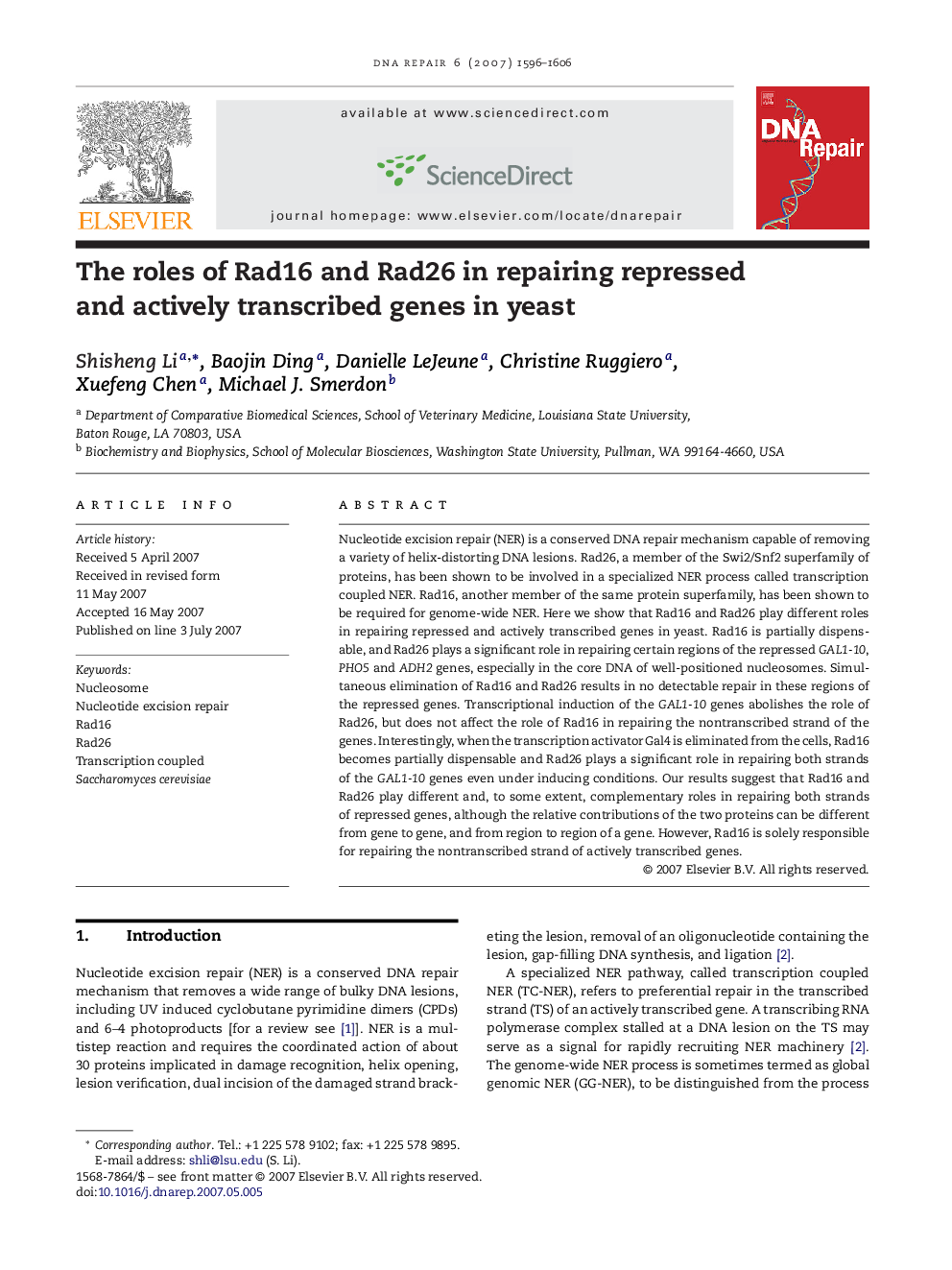 عکس صفحه اول مقاله: The roles of Rad16 and Rad26 in repairing repressed and actively transcribed genes in yeast The roles of Rad16 and Rad26 in repairing repressed and actively transcribed genes in yeast