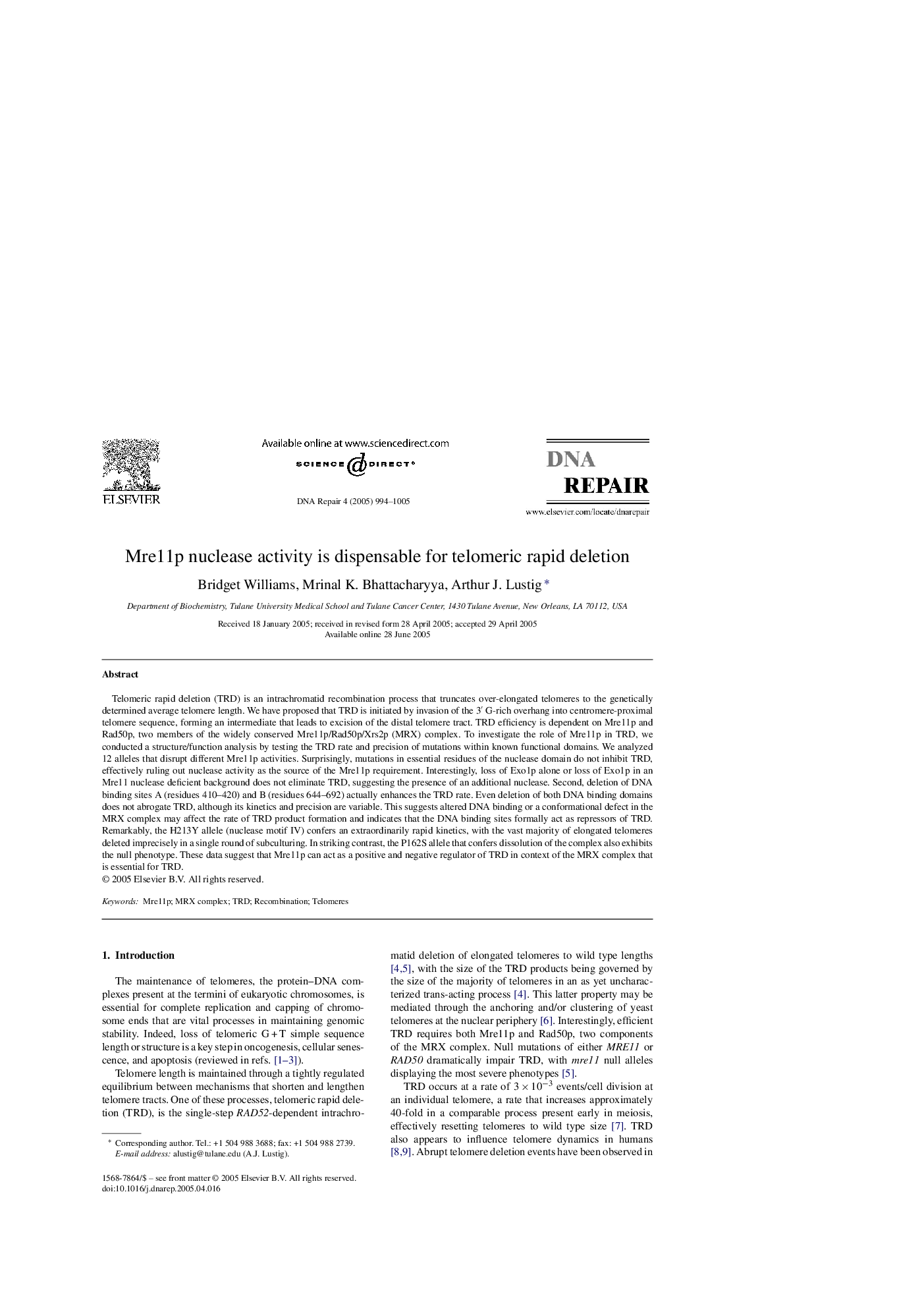 Mre11p nuclease activity is dispensable for telomeric rapid deletion