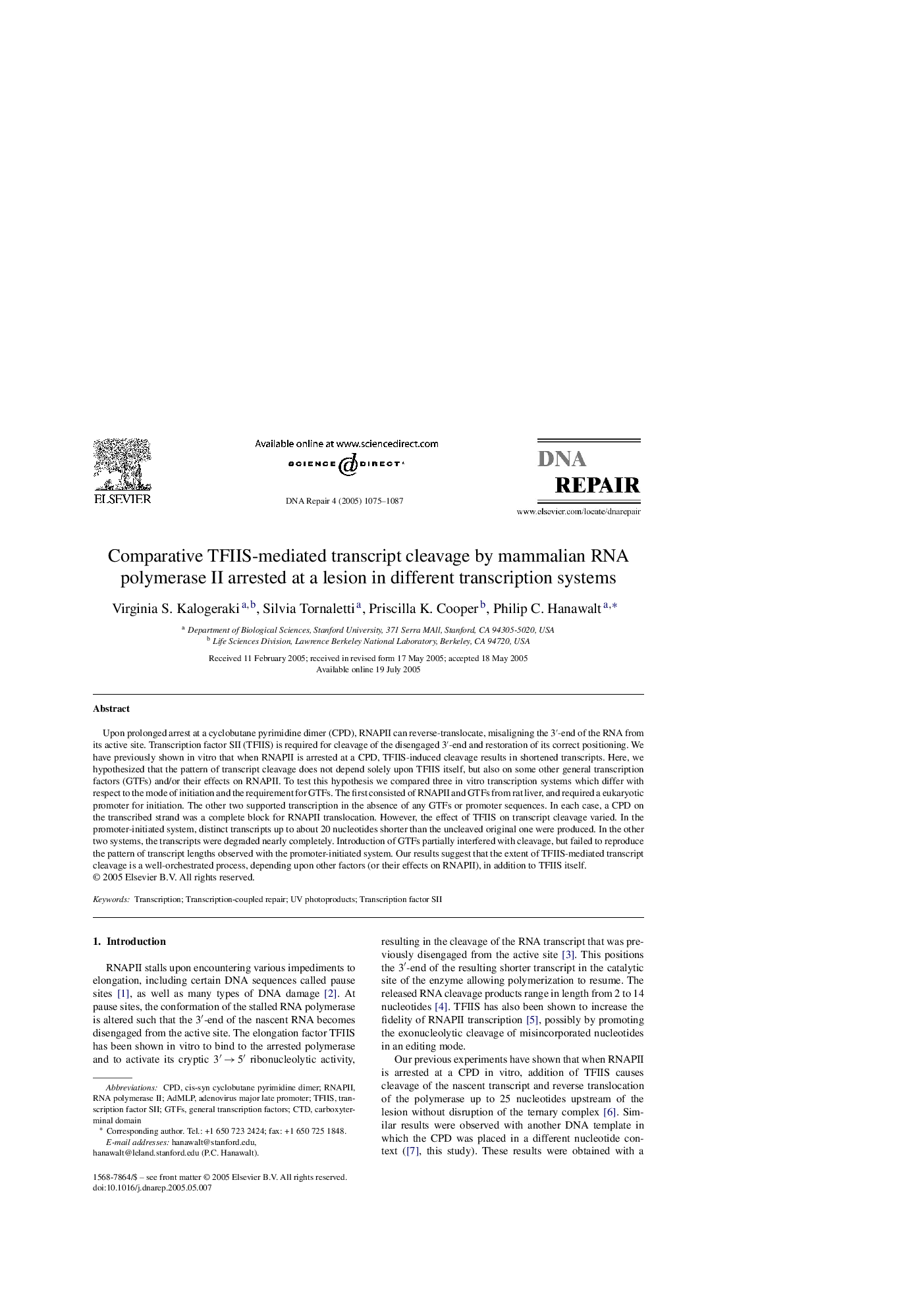 عکس صفحه اول مقاله: Comparative TFIIS-mediated transcript cleavage by mammalian RNA polymerase II arrested at a lesion in different transcription systems Comparative TFIIS-mediated transcript cleavage by mammalian RNA polymerase II arrested at a lesion in different transcription systems