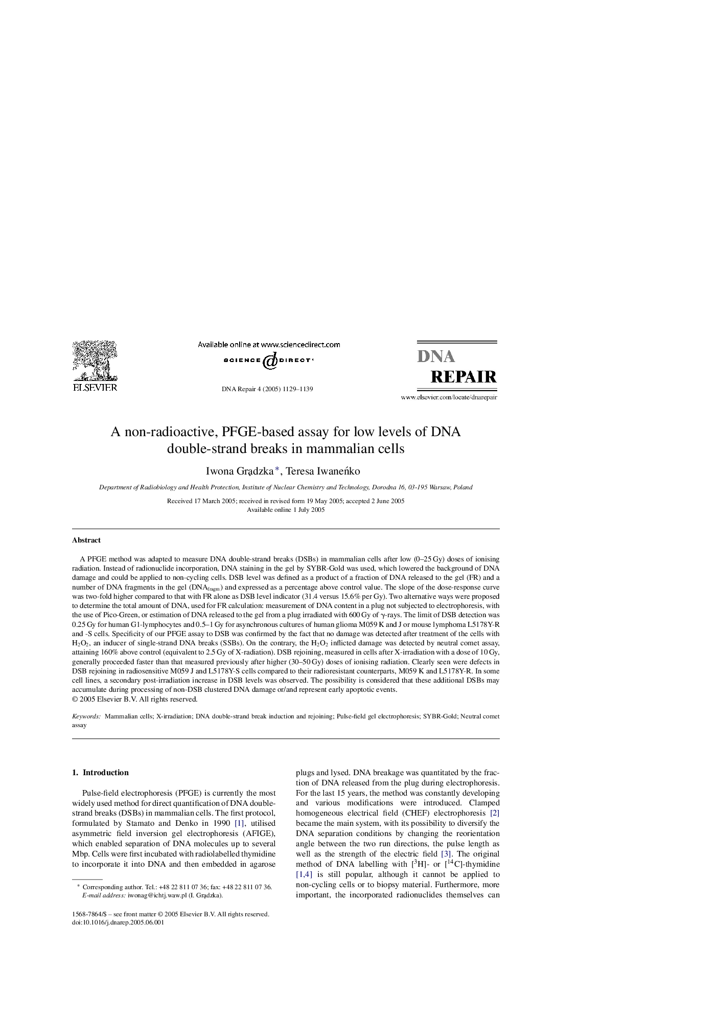 A non-radioactive, PFGE-based assay for low levels of DNA double-strand breaks in mammalian cells