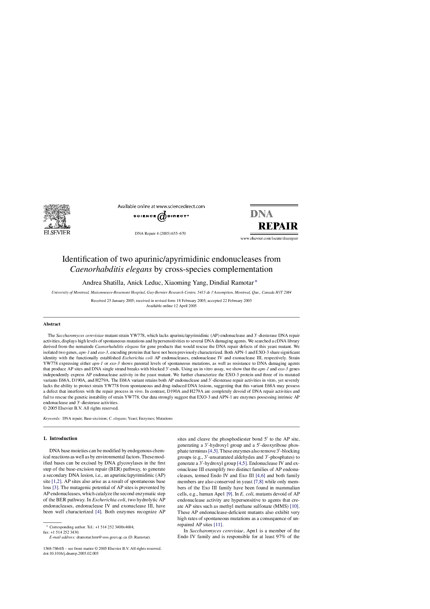 Identification of two apurinic/apyrimidinic endonucleases from Caenorhabditis elegans by cross-species complementation