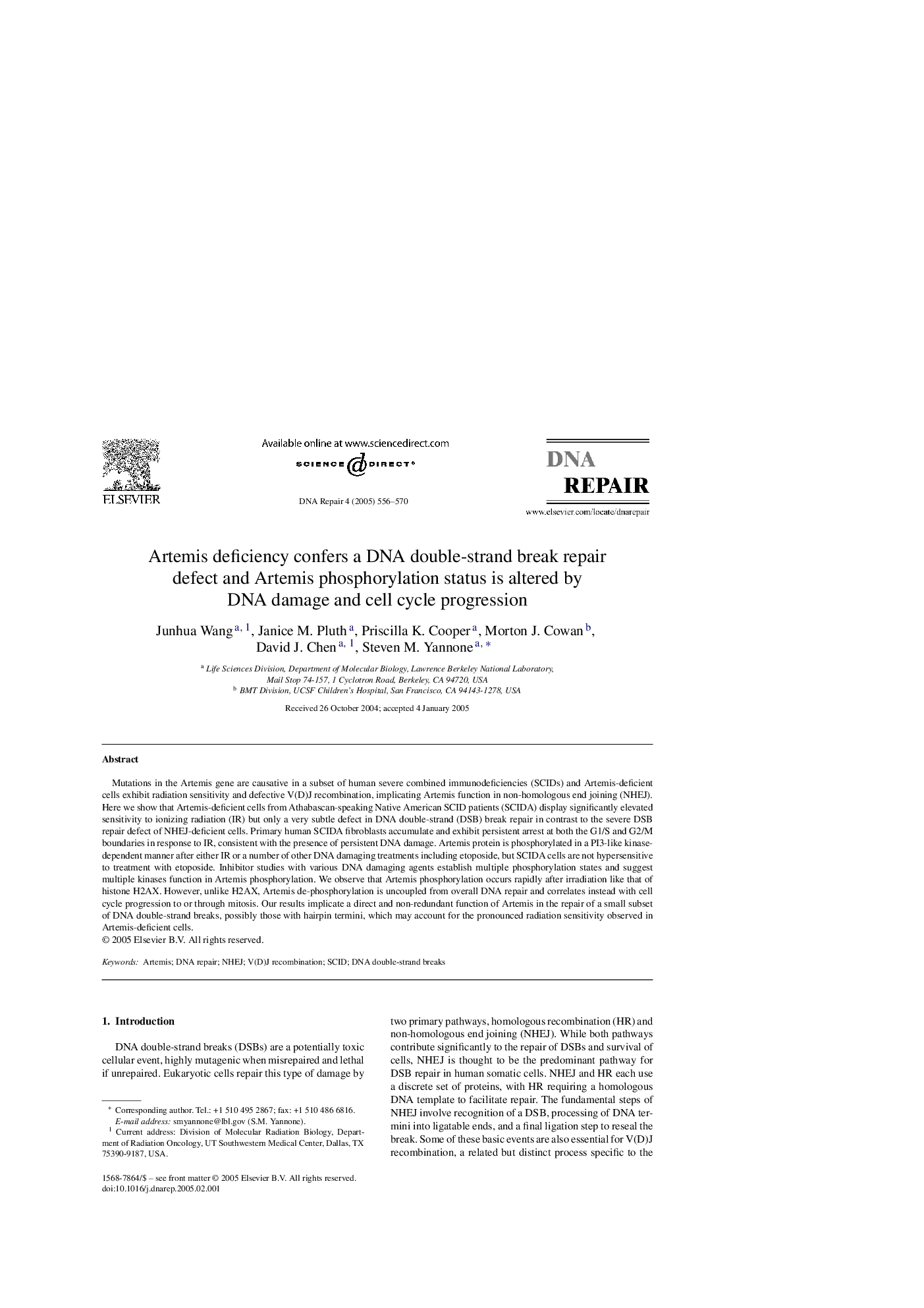 Artemis deficiency confers a DNA double-strand break repair defect and Artemis phosphorylation status is altered by DNA damage and cell cycle progression