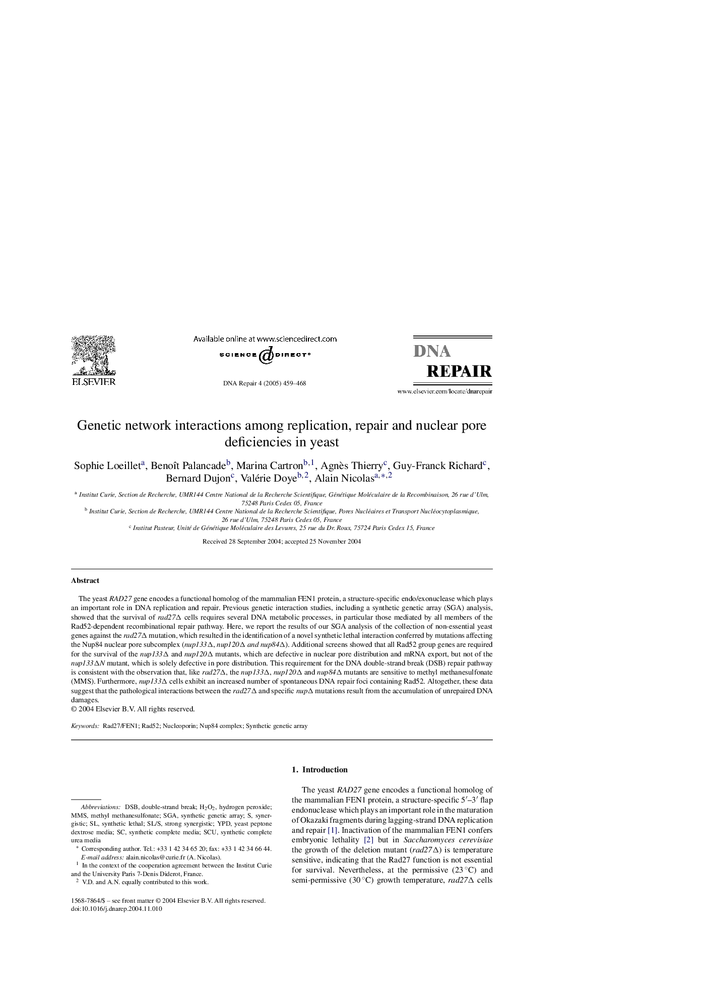 Genetic network interactions among replication, repair and nuclear pore deficiencies in yeast