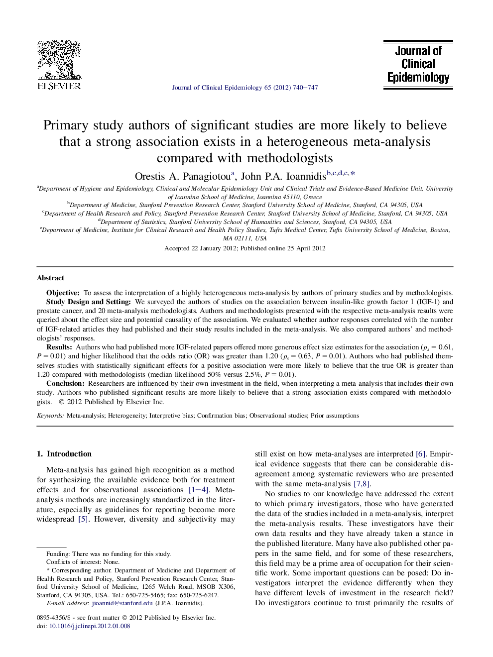 Primary study authors of significant studies are more likely to believe that a strong association exists in a heterogeneous meta-analysis compared with methodologists 