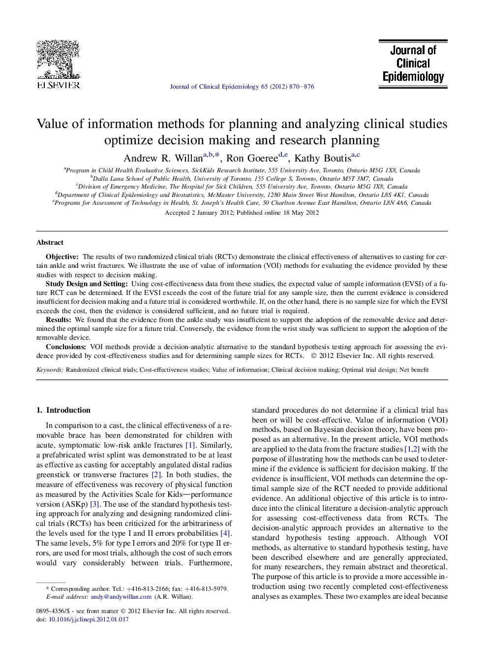 Value of information methods for planning and analyzing clinical studies optimize decision making and research planning