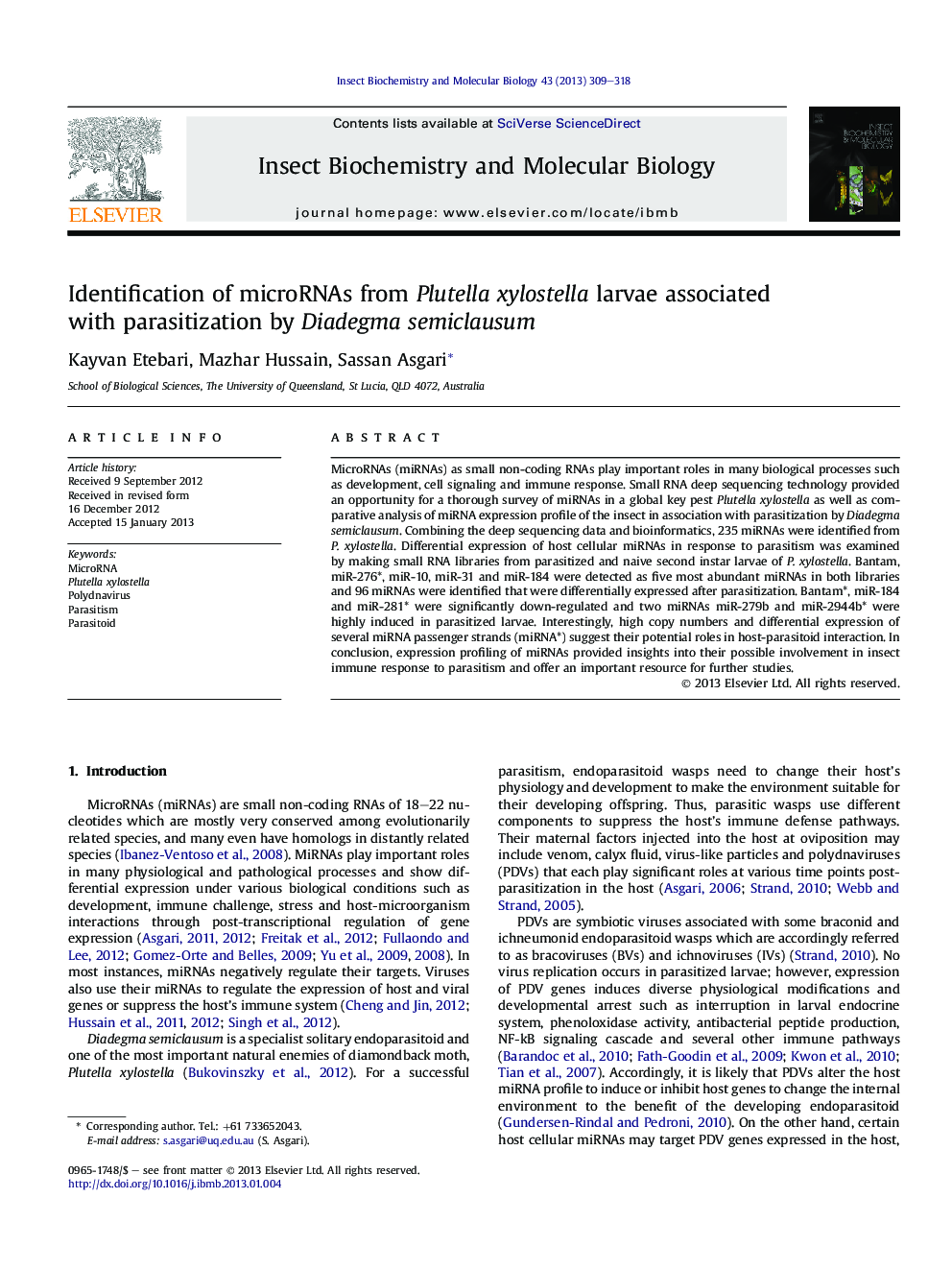 Identification of microRNAs from Plutella xylostella larvae associated with parasitization by Diadegma semiclausum