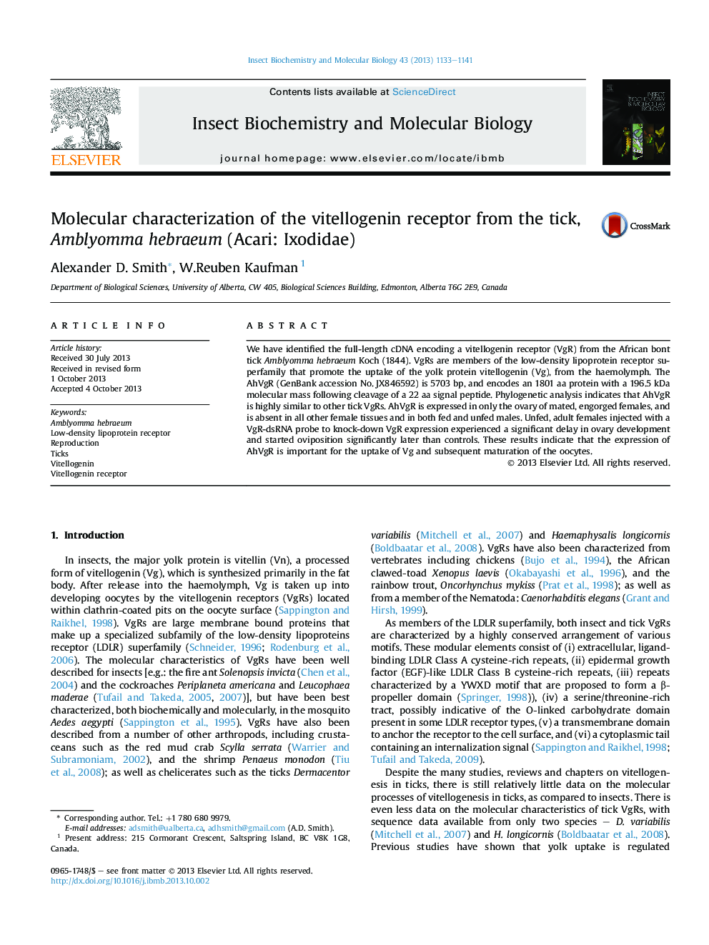 Molecular characterization of the vitellogenin receptor from the tick, Amblyomma hebraeum (Acari: Ixodidae)