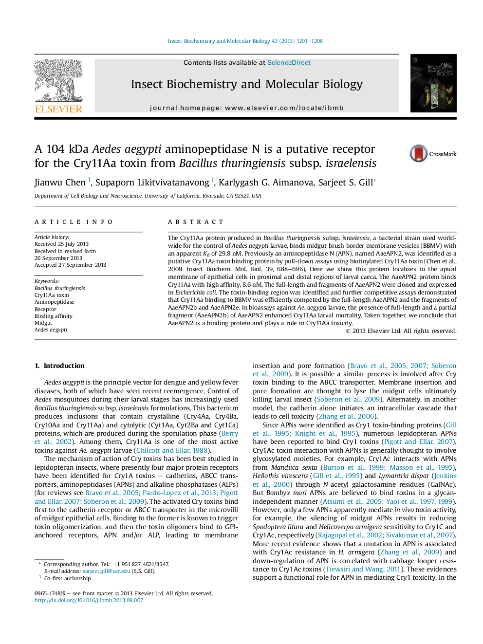 A 104Â kDa Aedes aegypti aminopeptidase N is a putative receptor for the Cry11Aa toxin from Bacillus thuringiensis subsp. israelensis