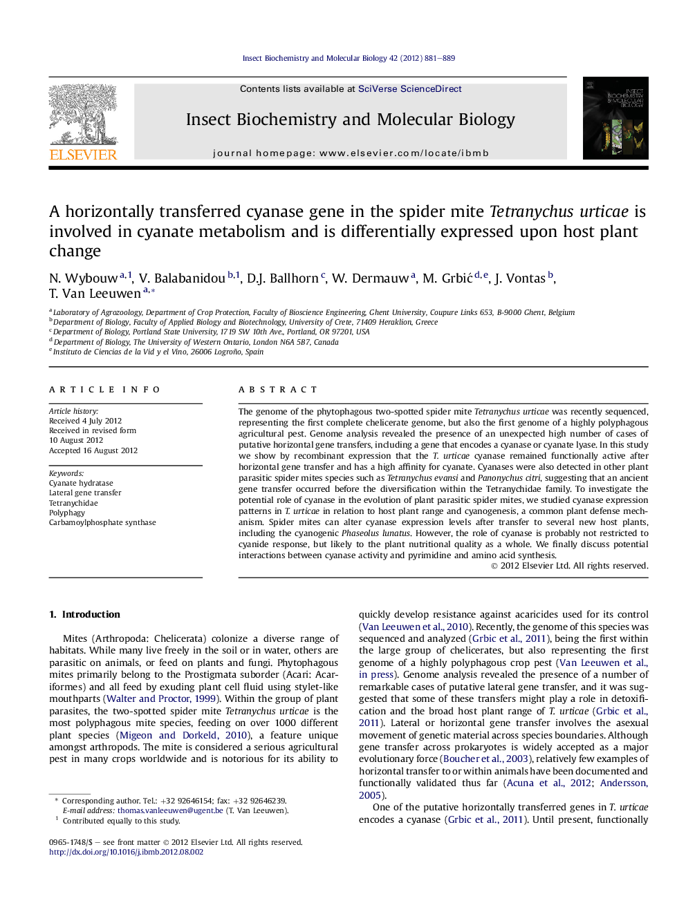 A horizontally transferred cyanase gene in the spider mite Tetranychus urticae is involved in cyanate metabolism and is differentially expressed upon host plant change