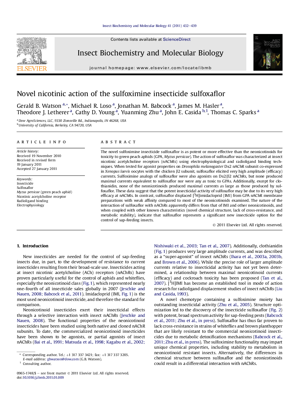 Novel nicotinic action of the sulfoximine insecticide sulfoxaflor