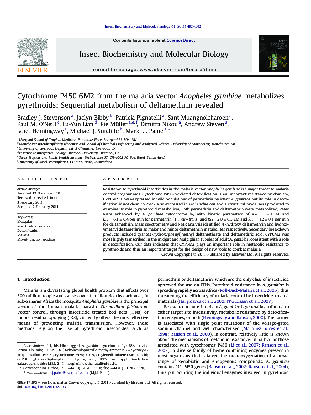 Cytochrome P450 6M2 from the malaria vector Anopheles gambiae metabolizes pyrethroids: Sequential metabolism of deltamethrin revealed