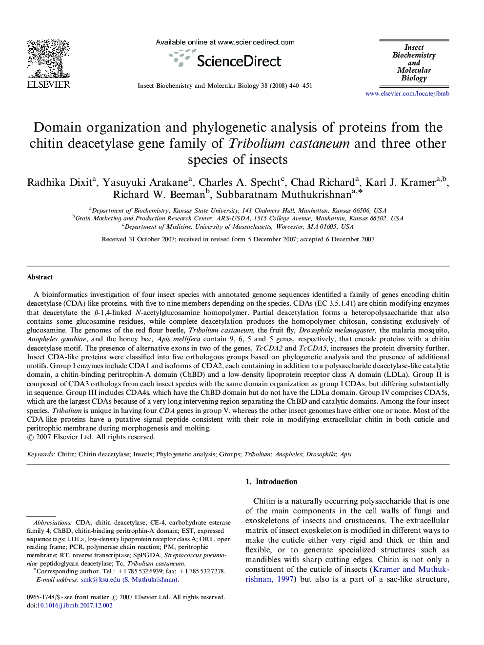 Domain organization and phylogenetic analysis of proteins from the chitin deacetylase gene family of Tribolium castaneum and three other species of insects