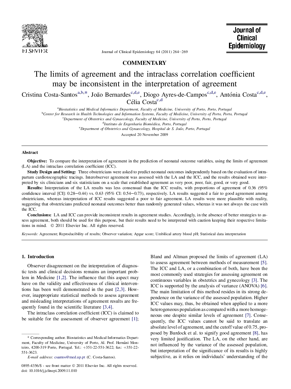 The limits of agreement and the intraclass correlation coefficient may be inconsistent in the interpretation of agreement