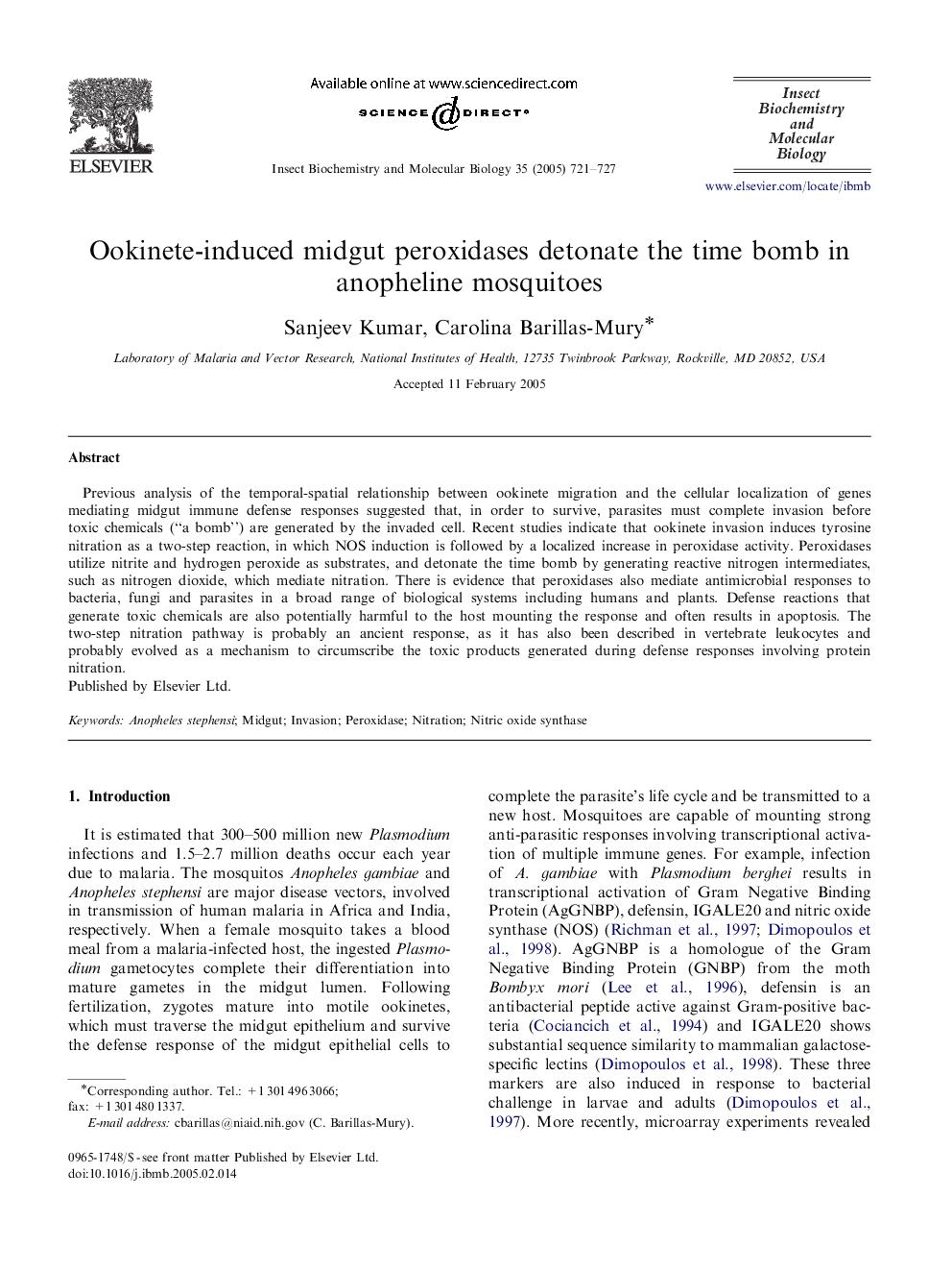 Ookinete-induced midgut peroxidases detonate the time bomb in anopheline mosquitoes