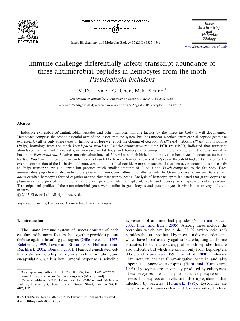 Immune challenge differentially affects transcript abundance of three antimicrobial peptides in hemocytes from the moth Pseudoplusia includens