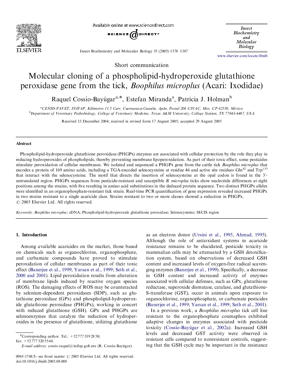 Molecular cloning of a phospholipid-hydroperoxide glutathione peroxidase gene from the tick, Boophilus microplus (Acari: Ixodidae)