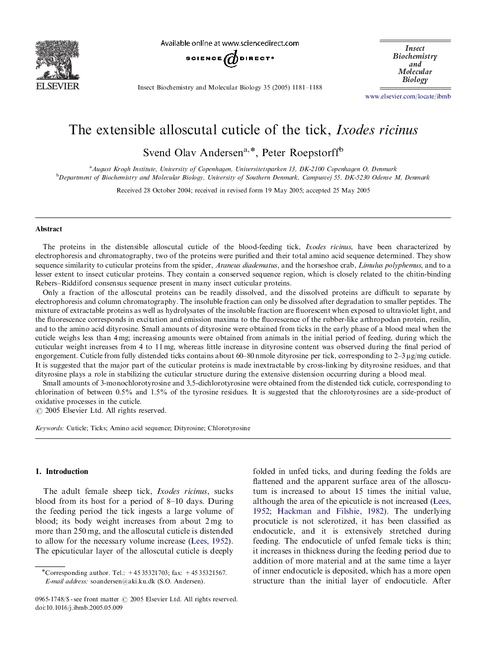 The extensible alloscutal cuticle of the tick, Ixodes ricinus