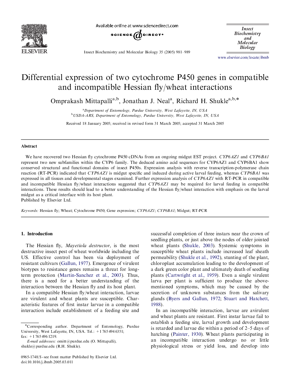 Differential expression of two cytochrome P450 genes in compatible and incompatible Hessian fly/wheat interactions