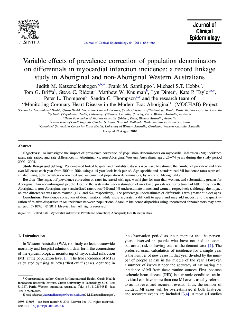 Variable effects of prevalence correction of population denominators on differentials in myocardial infarction incidence: a record linkage study in Aboriginal and non-Aboriginal Western Australians