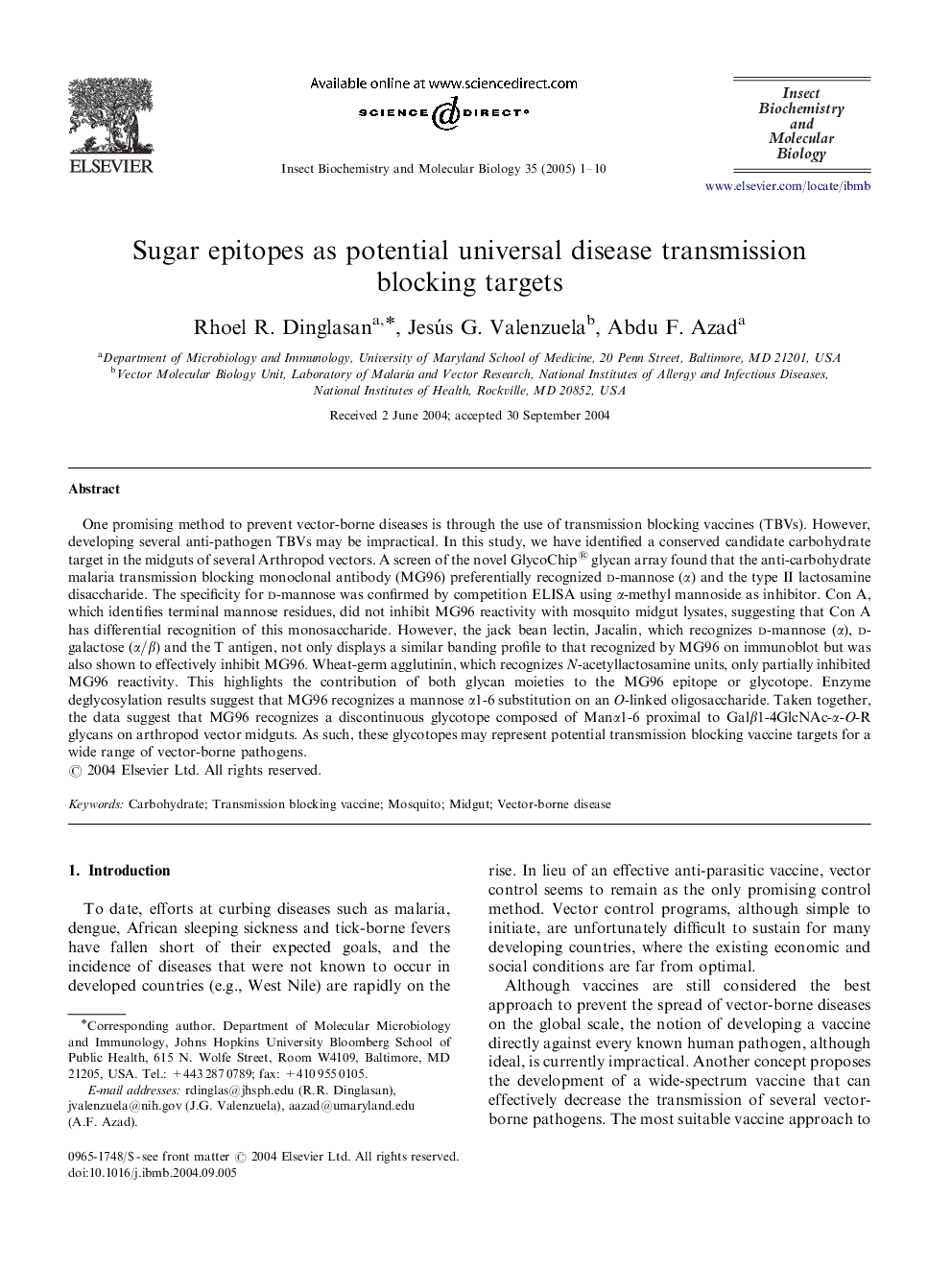 Sugar epitopes as potential universal disease transmission blocking targets