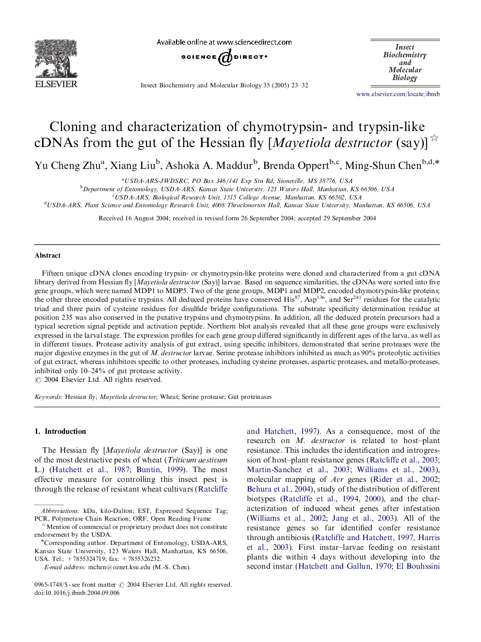 Cloning and characterization of chymotrypsin- and trypsin-like cDNAs from the gut of the Hessian fly [Mayetiola destructor (say)]