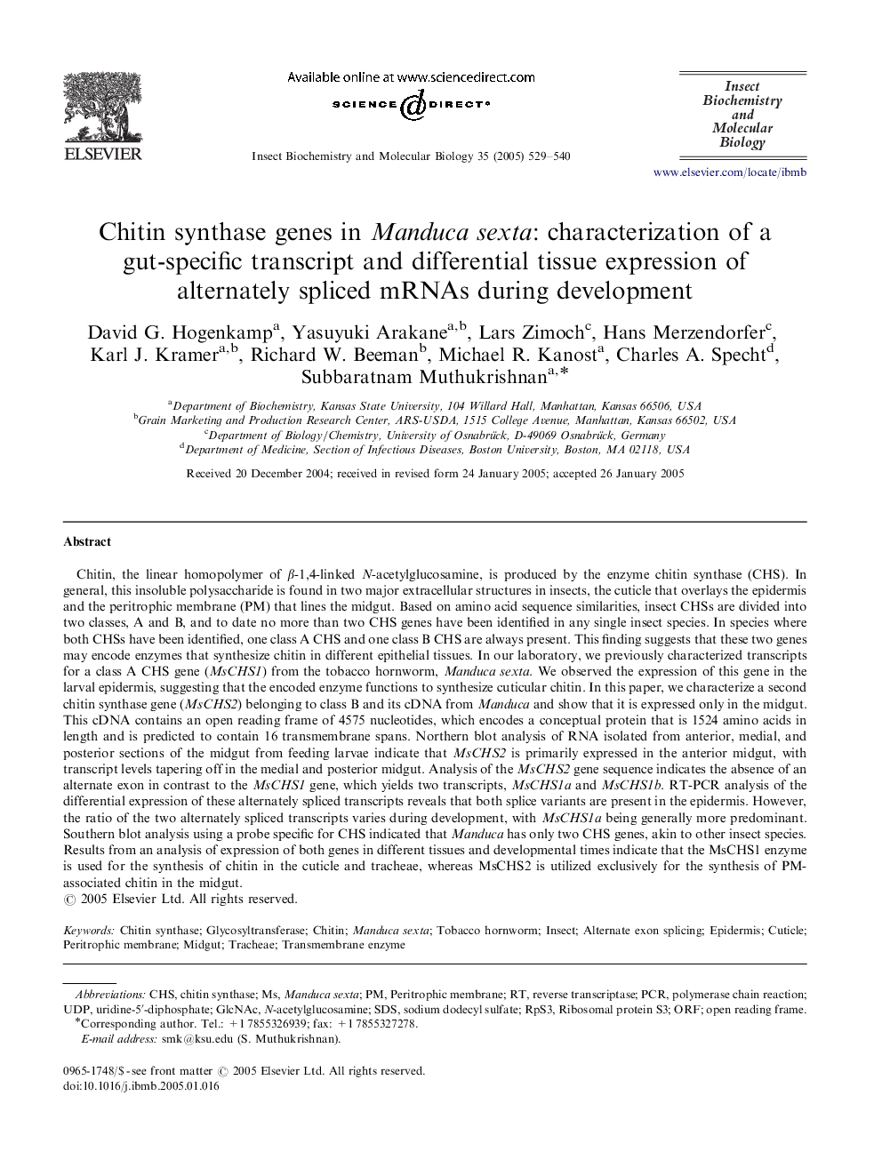 Chitin synthase genes in Manduca sexta: characterization of a gut-specific transcript and differential tissue expression of alternately spliced mRNAs during development