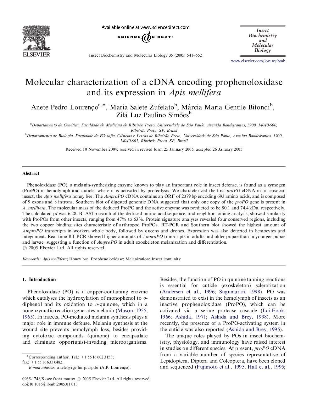 Molecular characterization of a cDNA encoding prophenoloxidase and its expression in Apis mellifera