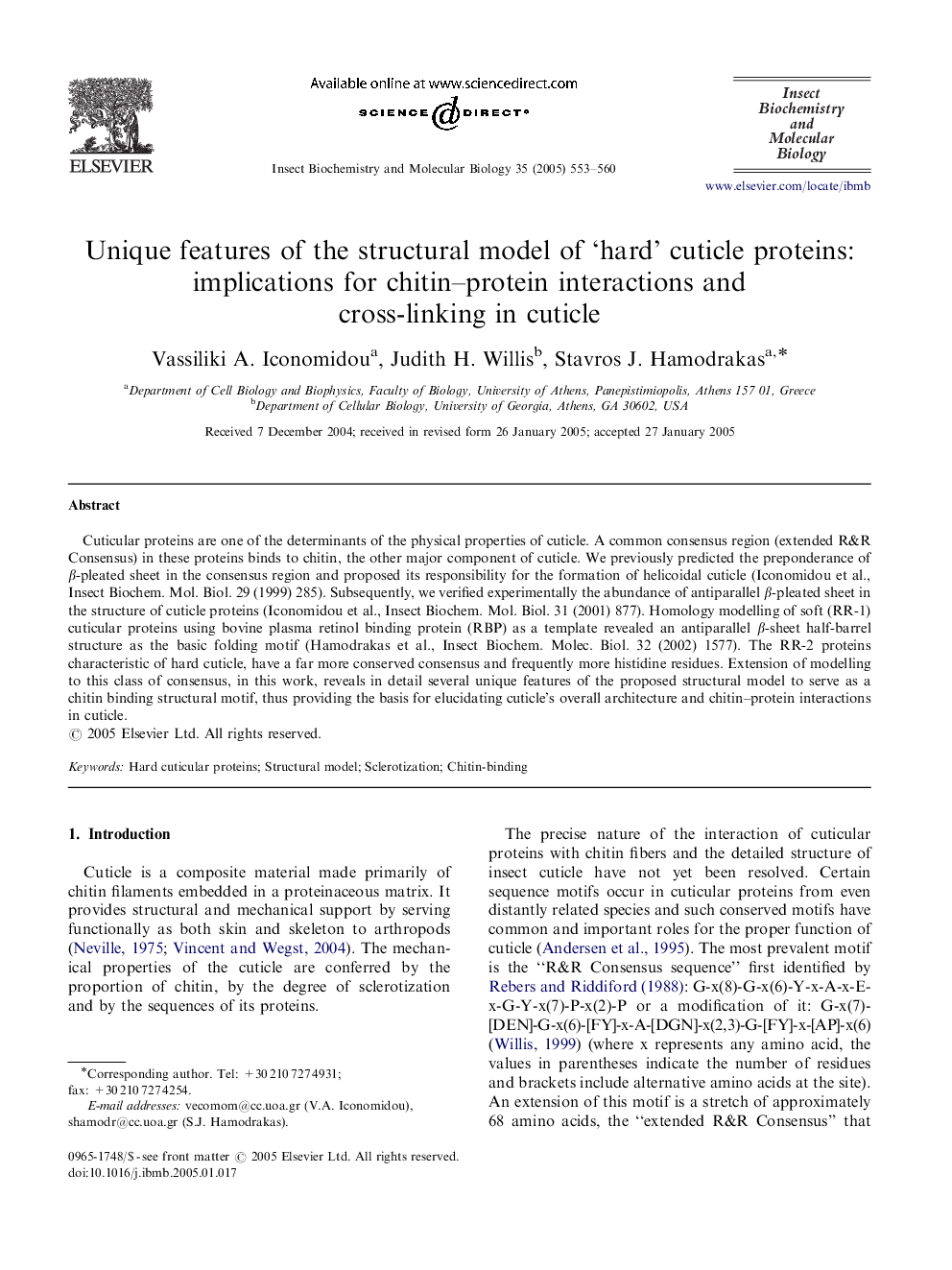 Unique features of the structural model of 'hard' cuticle proteins: implications for chitin-protein interactions and cross-linking in cuticle