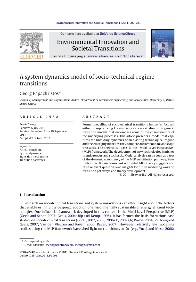 A system dynamics model of socio-technical regime transitions