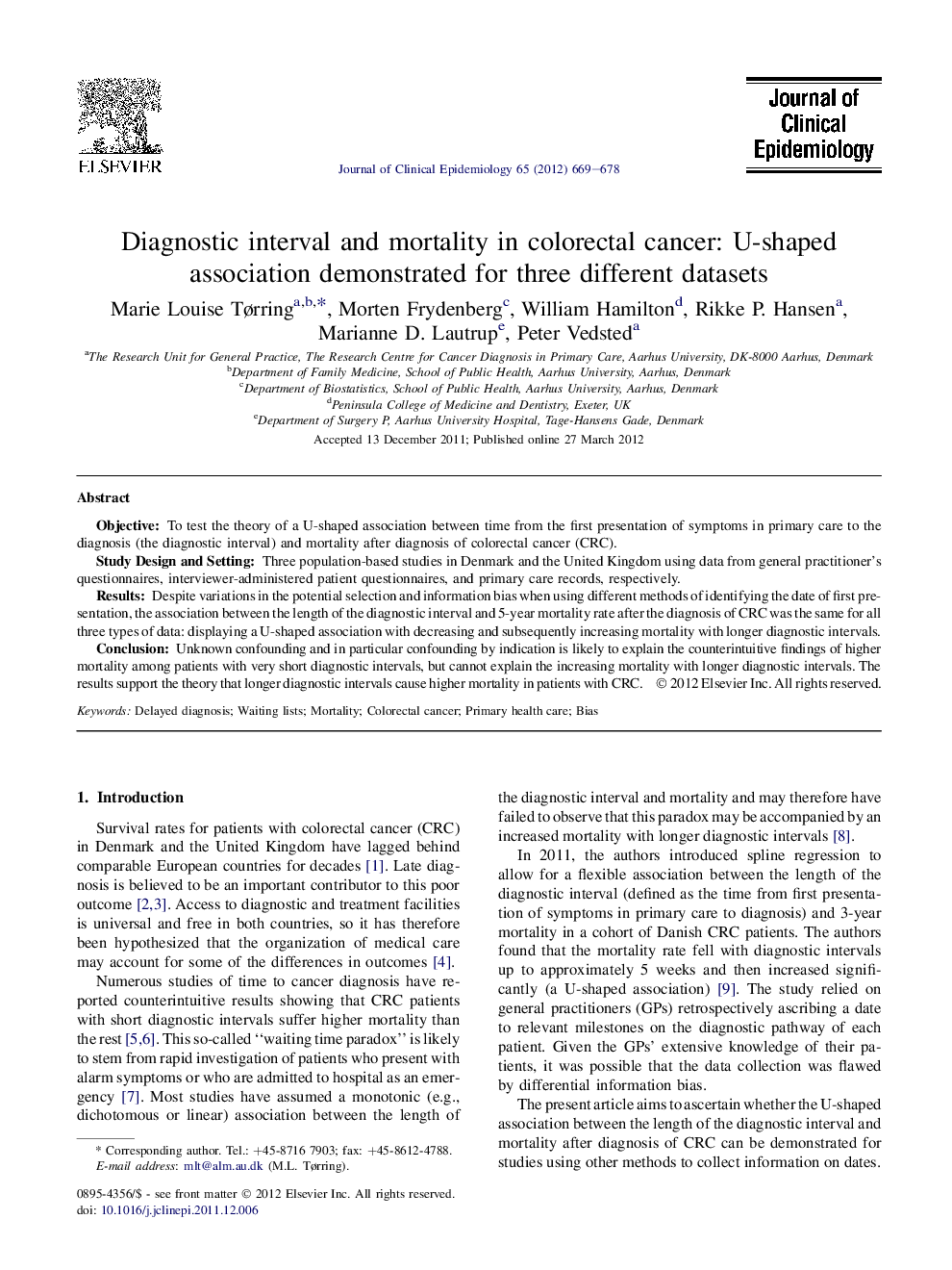 فاصله تشخیصی و مرگ و میر در سرطان کولورکتال: ارتباط U شکل نشان داده شده برای سه مجموعه داده های مختلف 