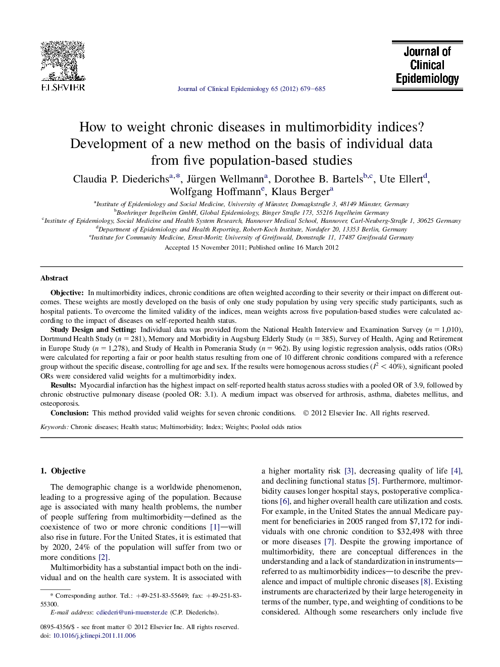 How to weight chronic diseases in multimorbidity indices? Development of a new method on the basis of individual data from five population-based studies